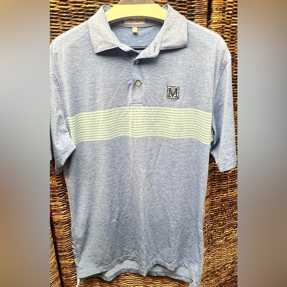 Peter Millar-Blue Polo Shirt with Green Stripe-Mens Large, Logo, extra stitch